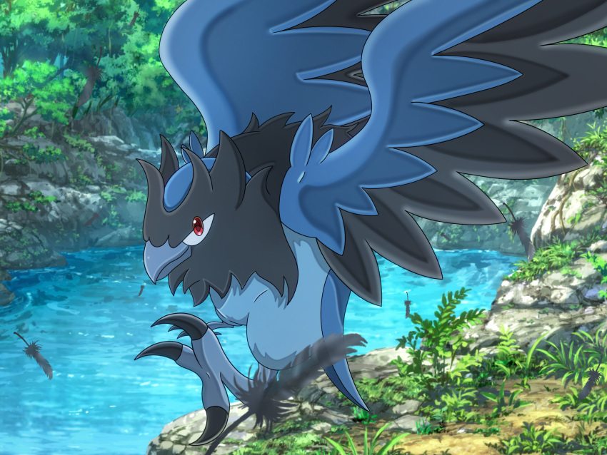 bird closed_mouth commentary_request corvisquire day feathers from_side gen_8_pokemon highres kosaburou looking_at_viewer no_humans outdoors pokemon pokemon_(creature) red_eyes sideways_glance solo talons tree water