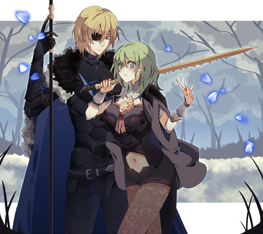 1boy 1girl armor artist_name blonde_hair blue_eyes byleth_(fire_emblem) byleth_eisner_(female) cape closed_mouth clothing_cutout commentary damaged dimitri_alexandre_blaiddyd eine_(eine_dx) english_commentary eyebrows_visible_through_hair eyepatch fire_emblem fire_emblem:_three_houses fur_trim gloves green_eyes green_hair highres holding holding_polearm holding_sword holding_weapon long_hair long_sleeves navel navel_cutout outdoors pantyhose petals polearm sword sword_of_the_creator weapon white_background