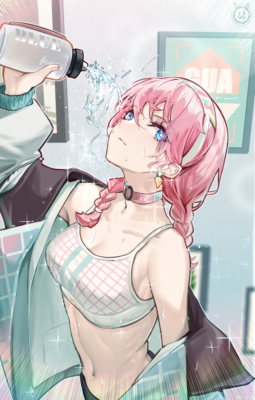 1girl absurdres arknights blue_eyes blue_poison_(arknights) blush bottle braid breasts camisole chinese_commentary choker commentary_request crop_top earrings hairband highres holding holding_bottle jacket jewelry long_hair looking_at_viewer medium_breasts navel off_shoulder pink_choker pink_hair solo stomach twin_braids twintails upper_body water_bottle wet yuan_long