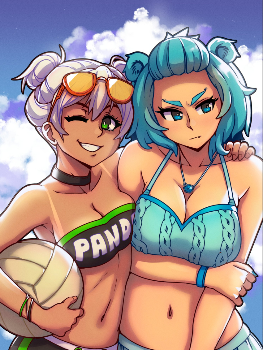 2girls akairiot aqua_hair bangs bikini blue_eyes blush bracelet breasts frostbite-chan_(akairiot) frostbite_(tournament) green_eyes hand_on_another's_shoulder highres jewelry large_breasts looking_at_viewer medium_breasts multiple_girls navel necklace one_eye_closed outdoors pan-chan_(panda_global) panda_global parted_lips short_hair smile swimsuit tan tanline upper_body volleyball white_hair