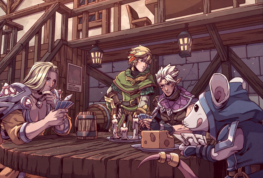 3boys armor bar barrel belt blonde_hair blush braid candle capelet card cheese cup earrings ezreal fingerless_gloves food gambling gloves hand_on_own_face holding holding_card hood hood_up indoors jewelry lantern league_of_legends long_hair male_focus mouse multiple_boys necklace pauldrons playing_card playing_games rat sanatorium_industries shirt short_hair shoulder_armor sitting stairs sweatdrop table tankard taric tongue tongue_out undercut white_hair window