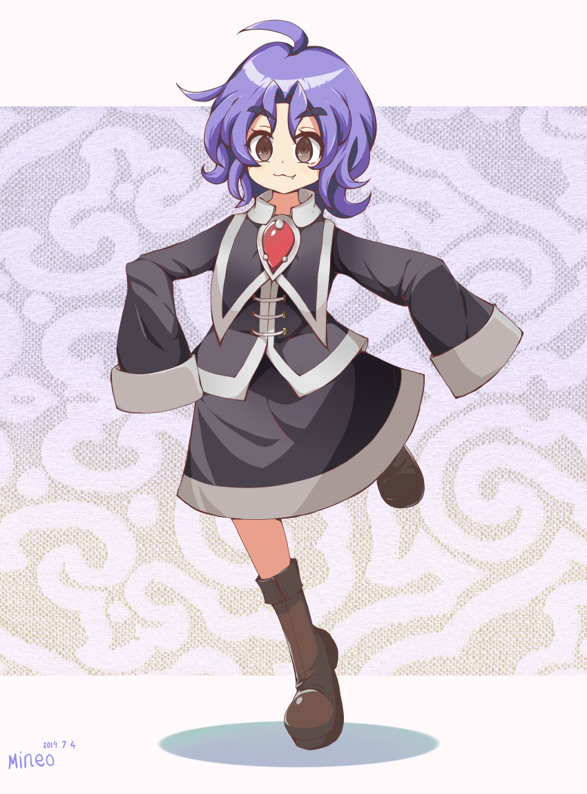 100_percent_orange_juice 1girl :3 ahoge bangs boots brown_eyes closed_mouth coat dated eyebrows_visible_through_hair heart413 highres long_sleeves short_hair sidelocks signature sleeves_past_fingers sleeves_past_wrists solo standing standing_on_one_leg suguri tsih