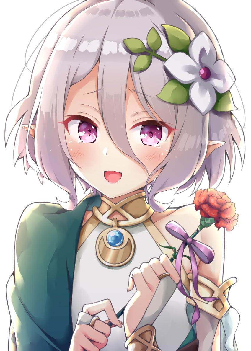 1girl absurdres bare_shoulders blush bridal_gauntlets commentary_request flower grey_hair hair_between_eyes hair_flower hair_ornament highres holding holding_flower kokkoro_(princess_connect!) looking_at_viewer open_mouth pointy_ears princess_connect! princess_connect!_re:dive purple_ribbon ribbon rose shizuri_yuki short_hair simple_background smile solo tears upper_body violet_eyes white_background