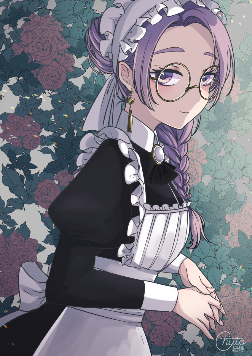 1girl absurdres alternate_costume apron black_dress braid brooch character_request chuto_fm closed_mouth collared_shirt copyright_request cowboy_shot cuffs dress enmaided floral_background flower frilled_apron frills glasses hands_together highres jewelry long_sleeves looking_at_viewer maid maid_apron maid_day maid_headdress rose round_eyewear shirt smile solo standing violet_eyes virtual_youtuber white_apron