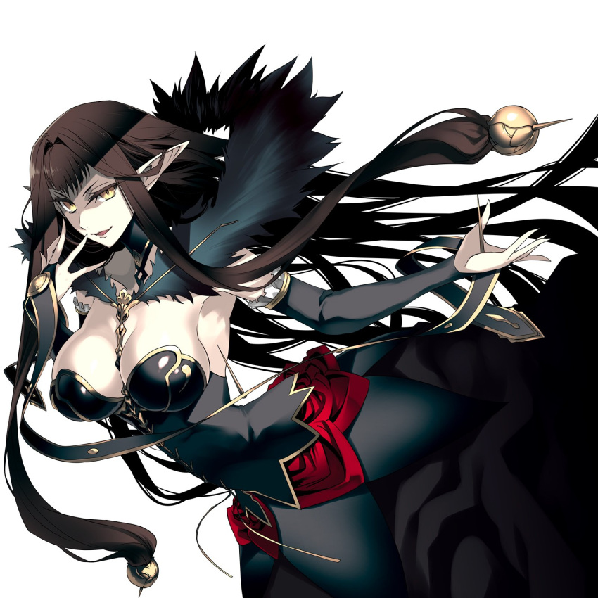 1girl breasts brown_hair dress fate/apocrypha fate/grand_order fate_(series) highres ishida_akira large_breasts long_dress long_hair looking_at_viewer official_art pointy_ears semiramis_(fate) simple_background smile solo strapless strapless_dress white_background yellow_eyes