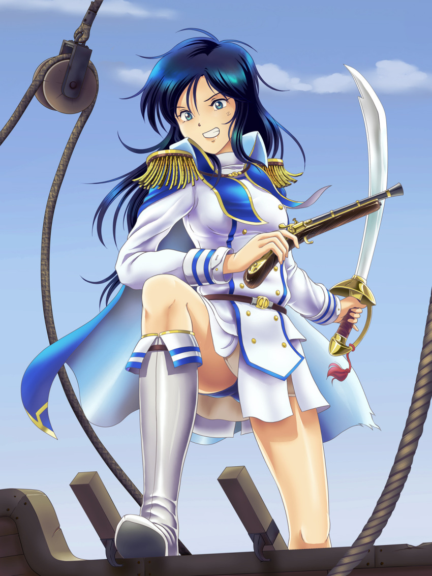 1girl arlette_(lost_technology) belt blue_cape blue_eyes blue_hair blue_panties blue_sky boots brown_belt cape clenched_teeth clouds commentary_request day dress epaulettes floating_hair gun highres holding holding_gun holding_sword holding_weapon knee_boots long_hair lost_technology outdoors panties pantyshot pirate pulley saber_(weapon) shiny shiny_footwear shiny_hair shiny_skin short_dress sky solo standing sword tamanegiinyo teeth underwear weapon white_dress white_footwear