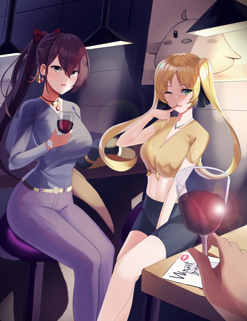 2girls ;d absurdres azur_lane bangs between_legs black_ribbon black_shorts blonde_hair blue_shirt blush breasts brown_hair cafe cameo casual collarbone commentary commission cowboy_hat cowboy_shot cup drinking_glass earrings eyebrows_visible_through_hair finger_to_mouth green_eyes grey_pants hair_between_eyes hair_ornament hair_ribbon hand_between_legs hat headwear_removed high_ponytail highres holding holding_cup hornet_(azur_lane) jewelry lamp large_breasts lens_flare long_hair long_sleeves looking_at_viewer manjuu_(azur_lane) manu_(pixiv41646715) midriff multiple_girls navel necklace one_eye_closed open_mouth outdoors pants ponytail poster_(object) pov pov_hands red_ribbon ribbon shirt shirt_tucked_in short_shorts short_sleeves shorts sidelocks sitting smile stool table tied_shirt twintails very_long_hair watch watch wine_glass yellow_eyes yellow_shirt zuikaku_(azur_lane)
