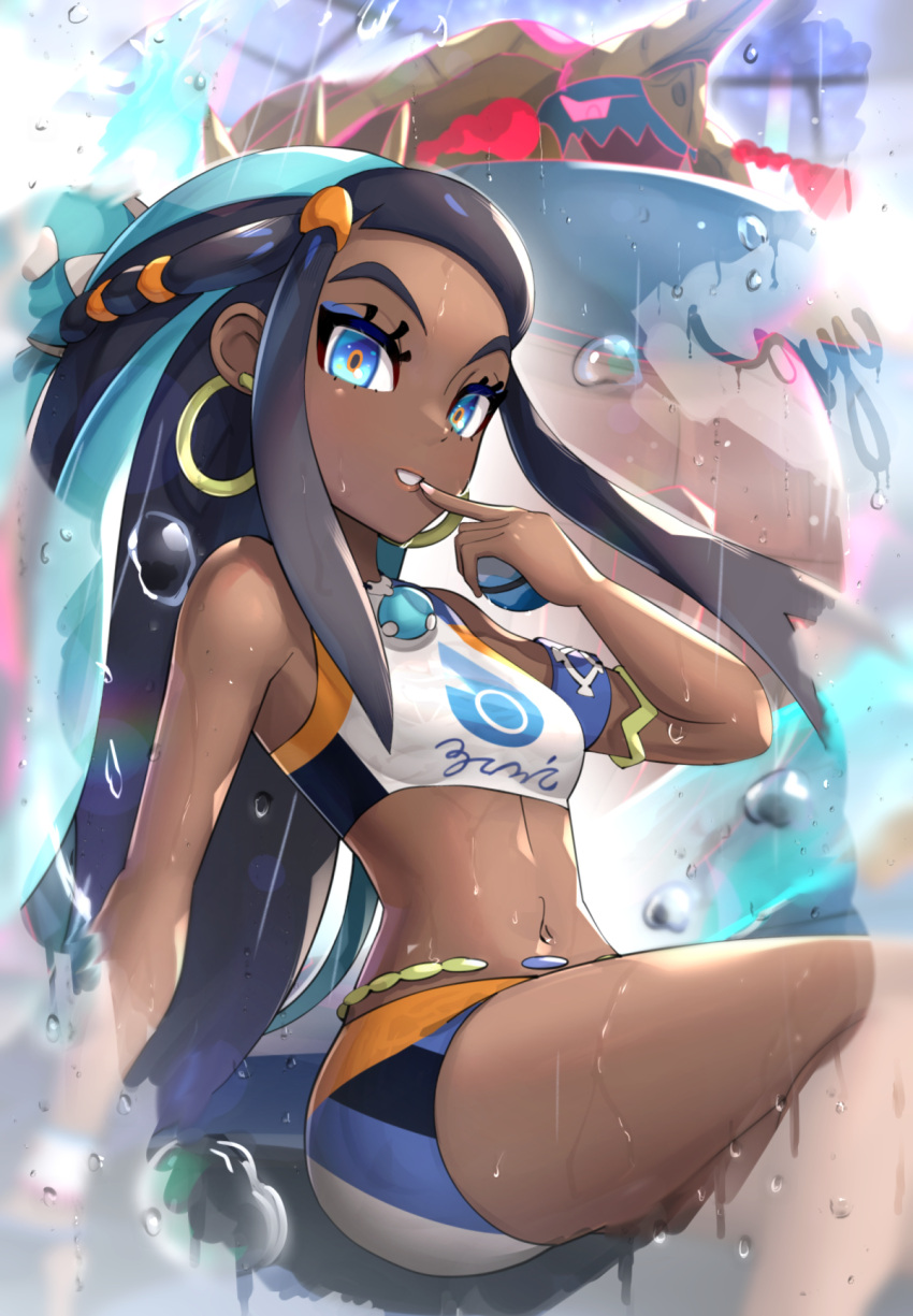 1girl armband armlet bare_shoulders belly_chain bike_shorts black_hair blue_eyes blue_eyeshadow blue_hair blue_shorts breasts commentary_request cowboy_shot dark_skin dark-skinned_female dive_ball drednaw dynamax dynamax_band earrings eyeshadow fourth_wall gen_8_pokemon gloves gonzarez gym_leader hair_bun highres holding holding_poke_ball hoop_earrings jewelry long_hair looking_at_viewer makeup midriff multicolored_hair navel necklace nessa_(pokemon) parted_lips partial_commentary partially_fingerless_gloves poke_ball pokemon pokemon_(creature) pokemon_(game) pokemon_swsh rain shorts sidelocks single_glove sitting small_breasts smile sports_bra swimsuit tankini two-tone_hair white_sports_bra writing