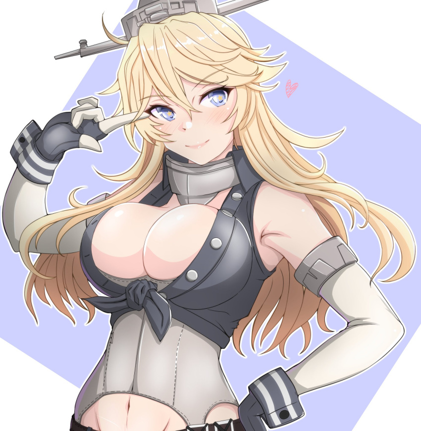 1girl blonde_hair blue_eyes breasts fingerless_gloves front-tie_top gloves headgear highres iowa_(kancolle) kantai_collection large_breasts looking_at_viewer navel nitamago_(sakamalh) smile solo star-shaped_pupils star_(symbol) symbol-shaped_pupils upper_body