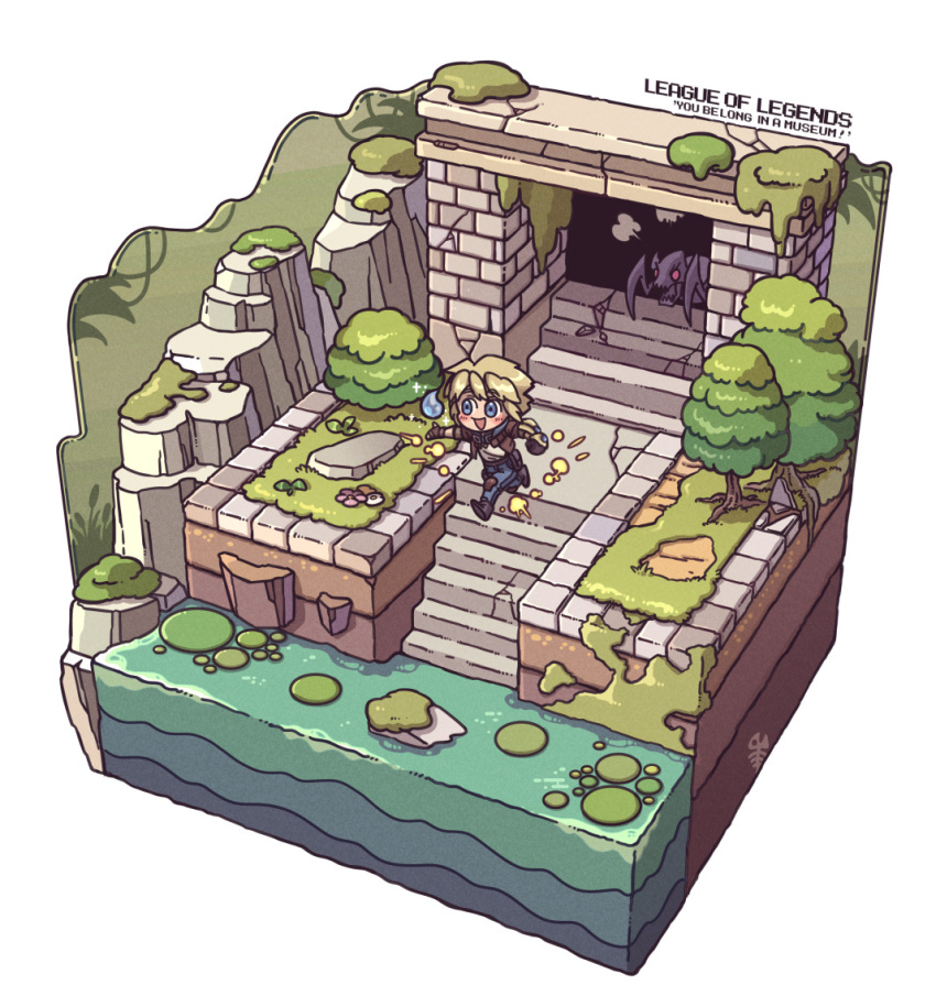 1boy blonde_hair blue_eyes blush boots bug chibi english_text ezreal fingerless_gloves gloves goggles goggles_around_neck grass isometric jacket knee_pads league_of_legends lily_pad male_focus moss open_mouth outdoors pants plant river rock running sanatorium_industries short_hair sleeves_rolled_up smile solo spider stairs tree
