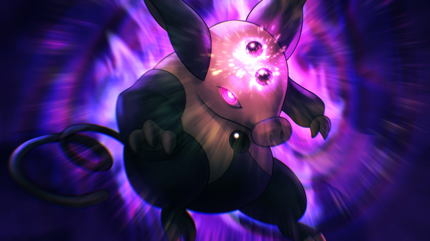 absurdres alternate_color blurry bright_pupils commentary gen_3_pokemon glowing grumpig higa-tsubasa highres looking_at_viewer no_humans pokemon pokemon_(creature) shiny_pokemon solo violet_eyes white_pupils