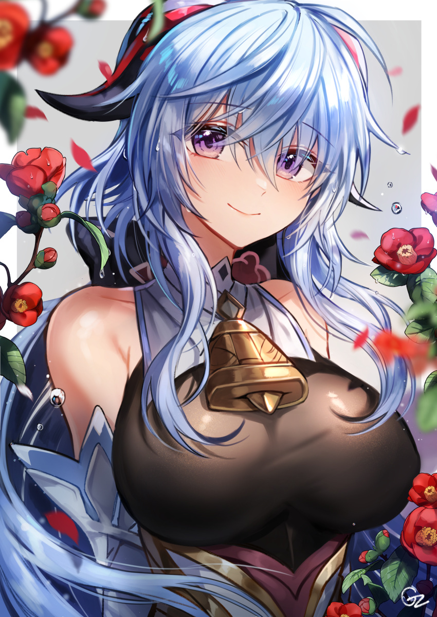 1girl absurdres bell blue_hair blush breasts closed_mouth collarbone eyebrows_visible_through_hair ganyu_(genshin_impact) genshin_impact gz_(gyoju) hair_between_eyes highres large_breasts long_hair looking_at_viewer neck_bell sleeveless smile solo very_long_hair violet_eyes