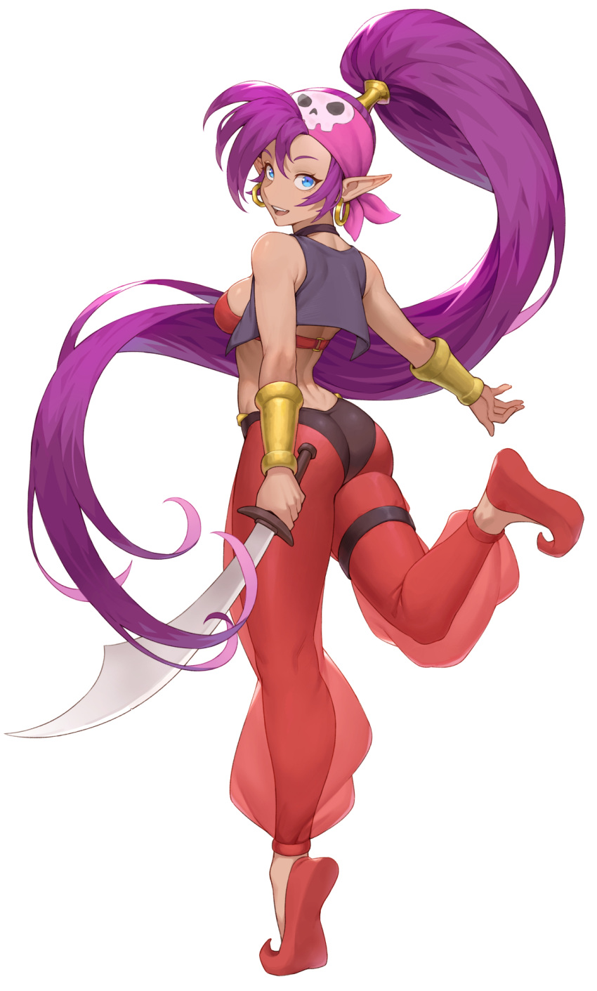 1girl ass bandana black_choker blue_eyes breasts cheshirrr choker earrings from_behind full_body highres holding holding_sword holding_weapon hoop_earrings jewelry long_hair looking_at_viewer looking_back medium_breasts pink_bandana pointy_ears ponytail purple_hair red_footwear shantae_(character) shantae_(series) shoes sideboob simple_background skull_and_crossbones solo standing standing_on_one_leg sword very_long_hair weapon white_background