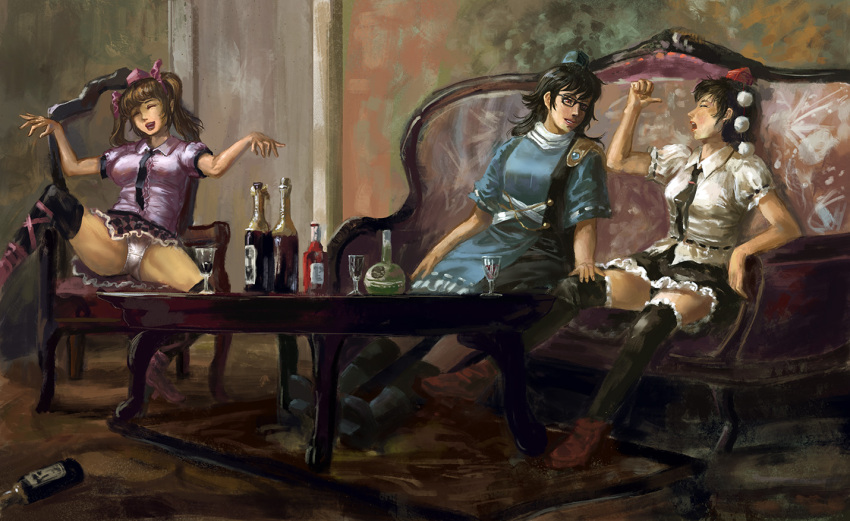 3girls amibazh black_hair black_legwear blue_dress bottle breasts brown_hair closed_eyes couch cup dress drinking_glass fine_art_parody foot_out_of_frame frills grin hand_up hands_up hat himekaidou_hatate iizunamaru_megumu indoors large_breasts long_hair looking_at_another multiple_girls necktie on_couch open_mouth panties parody profile puffy_short_sleeves puffy_sleeves shameimaru_aya shirt short_hair short_sleeves sitting smile thigh-highs tokin_hat touhou twintails underwear white_panties white_shirt wine_bottle wine_glass