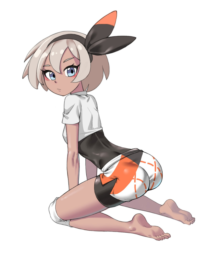 1girl arched_back bangs barefoot bea_(pokemon) black_bodysuit black_hairband blonde_hair blue_eyes blush bodysuit bodysuit_under_clothes bow_hairband closed_mouth commentary_request dark_skin dark-skinned_female eyelashes full_body gym_leader hair_between_eyes hairband highres knee_pads kneeling korean_commentary leaning_forward looking_at_viewer looking_back pokemon pokemon_(game) pokemon_swsh print_shorts shirt short_hair short_sleeves shorts side_slit side_slit_shorts siguya simple_background soles solo toes white_background white_shirt