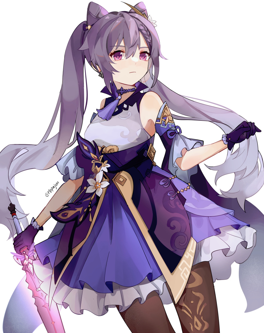 1girl absurdres bare_shoulders breasts brown_legwear closed_mouth detached_sleeves flower genshin_impact gloves hair_cones hair_flower hair_ornament highres holding holding_sword holding_weapon keqing_(genshin_impact) long_hair looking_at_viewer medium_breasts pantyhose purple_gloves purple_hair purple_skirt rippajun simple_background skirt solo sword twintails violet_eyes weapon white_background