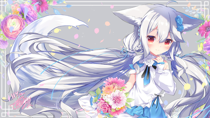 1girl ahoge animal_ears bare_shoulders commentary_request commission dress flower fox_ears fox_girl fox_tail hands_up holding holding_flower long_hair nanamomo_rio original puffy_sleeves red_eyes sakurada_shiro skeb_commission solo tail upper_body very_long_hair white_dress white_hair