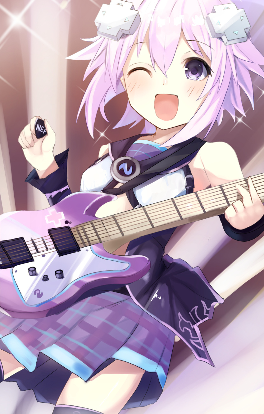 1girl absurdres bangs bimmy blush breasts d-pad d-pad_hair_ornament detached_sleeves dutch_angle electric_guitar eyebrows_visible_through_hair guitar hair_between_eyes hair_ornament highres holding holding_instrument instrument looking_at_viewer neptune_(neptune_series) neptune_(series) one_eye_closed open_mouth plaid plaid_skirt plectrum purple_hair purple_skirt shirt short_hair sidelocks skirt sleeveless sleeveless_shirt small_breasts solo violet_eyes