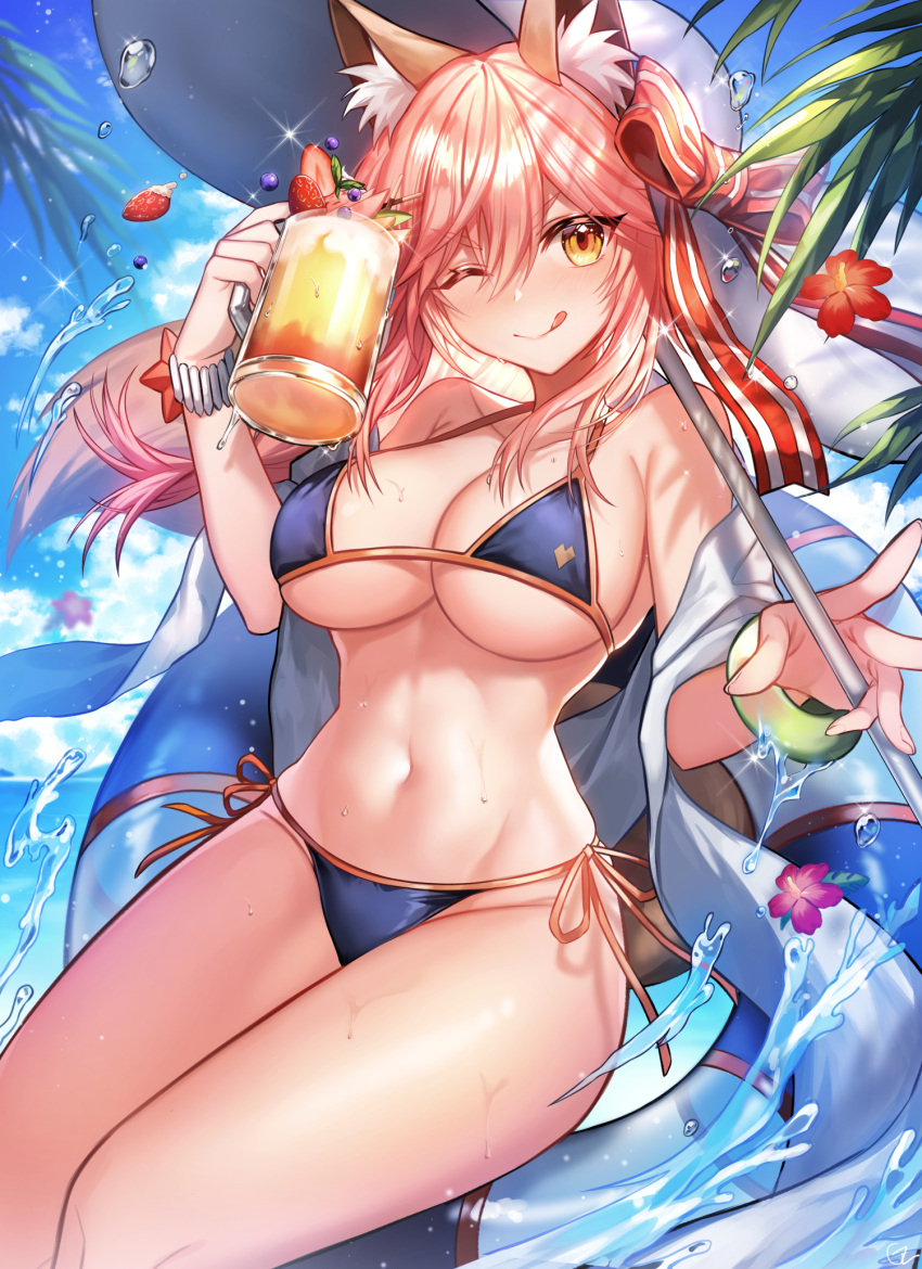 1girl ;q animal_ear_fluff animal_ears bikini blue_bikini blue_sky bracelet breasts clouds cup day eyebrows_visible_through_hair fate/grand_order fate_(series) food fox_ears fruit gz_(gyoju) hair_between_eyes hat highres holding holding_cup jewelry large_breasts long_hair looking_at_viewer navel one_eye_closed outdoors pink_hair side-tie_bikini sky solo strawberry swimsuit tamamo_(fate)_(all) tamamo_no_mae_(swimsuit_lancer)_(fate) thighs tongue tongue_out water wet white_headwear yellow_eyes