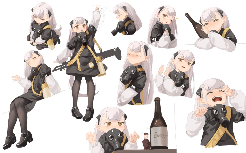 1girl absurdres ak-alfa ak-alfa_(girls_frontline) alcohol arm_up assault_rifle bangs beer beer_bottle black_dress black_footwear brown_eyes brown_legwear closed_eyes commentary_request crying dress full_body gas_mask girls_frontline gun high_heels highres long_hair long_sleeves looking_at_viewer mary_janes multiple_views object_hug pantyhose rifle rui_(rei_leyi) shoes silver_hair sitting standing thick_eyebrows upper_body very_long_hair waving weapon weapon_on_back