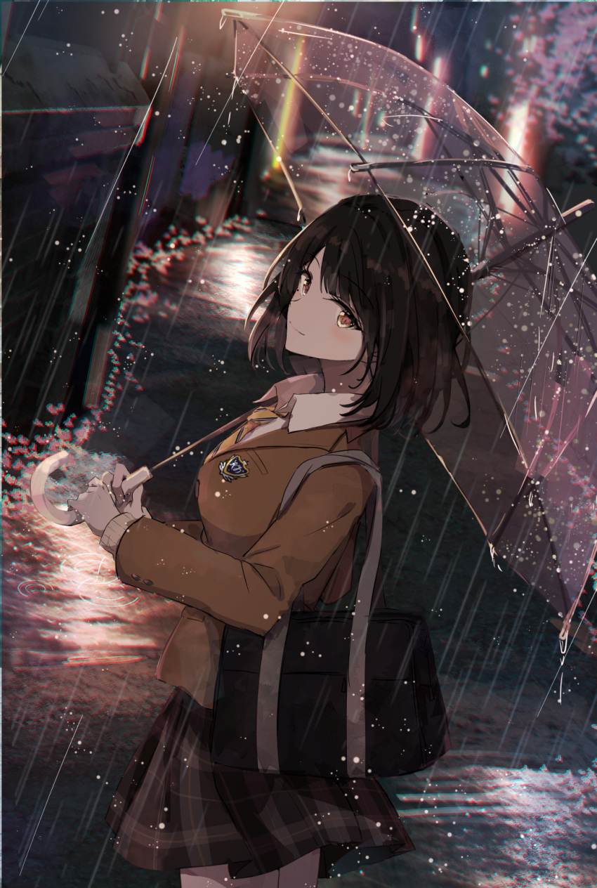 1girl bag blazer brown_eyes brown_hair brown_jacket character_request chromatic_aberration closed_mouth collared_shirt commentary_request cowboy_shot genjitsu_de_lovecome_dekinaito_dare_ga_kimeta highres holding holding_umbrella jacket long_sleeves looking_at_viewer necktie night outdoors plaid plaid_skirt puddle rain school_bag school_uniform shiina_kuro shirt short_hair shoulder_bag skirt smile solo standing striped striped_neckwear transparent transparent_umbrella umbrella white_shirt yellow_neckwear