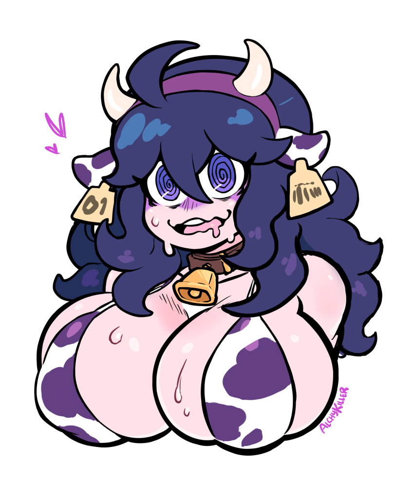 1girl @_@ absurdres ahoge alchykiller alternate_breast_size animal_ear_headwear animal_ears animal_print artist_name bangs bell bikini breasts commentary cow_ears cow_print ear_tag english_commentary hair_between_eyes hairband hex_maniac_(pokemon) highres horned_headwear large_breasts long_hair messy_hair neck_bell open_mouth pokemon pokemon_(game) pokemon_xy purple_hair purple_hairband simple_background solo swimsuit violet_eyes wavy_mouth white_background