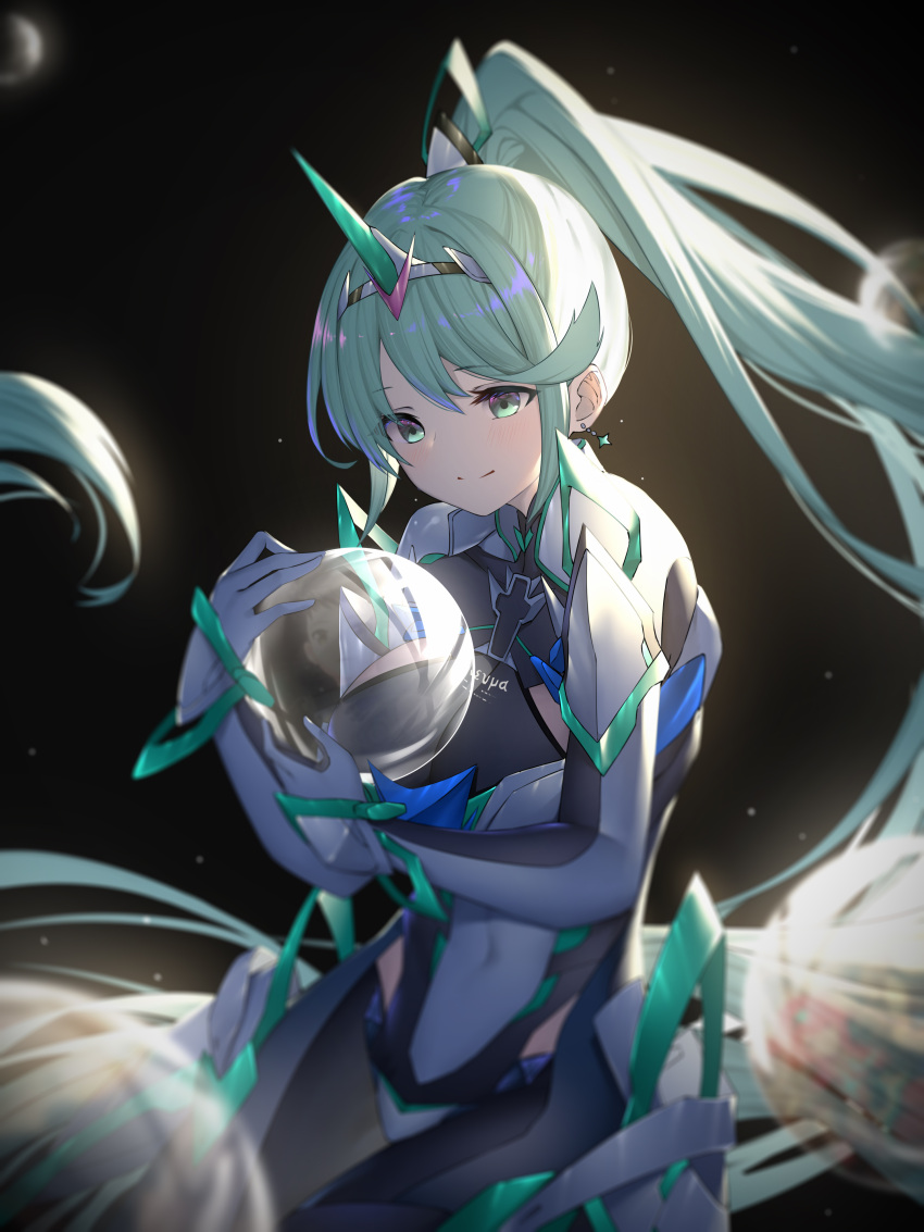 1girl absurdres bangs black_background breasts commentary_request earrings gloves green_eyes green_hair highres jewelry large_breasts long_hair pneuma_(xenoblade) ponytail roi_(liu_tian) solo swept_bangs tiara very_long_hair xenoblade_chronicles_(series) xenoblade_chronicles_2