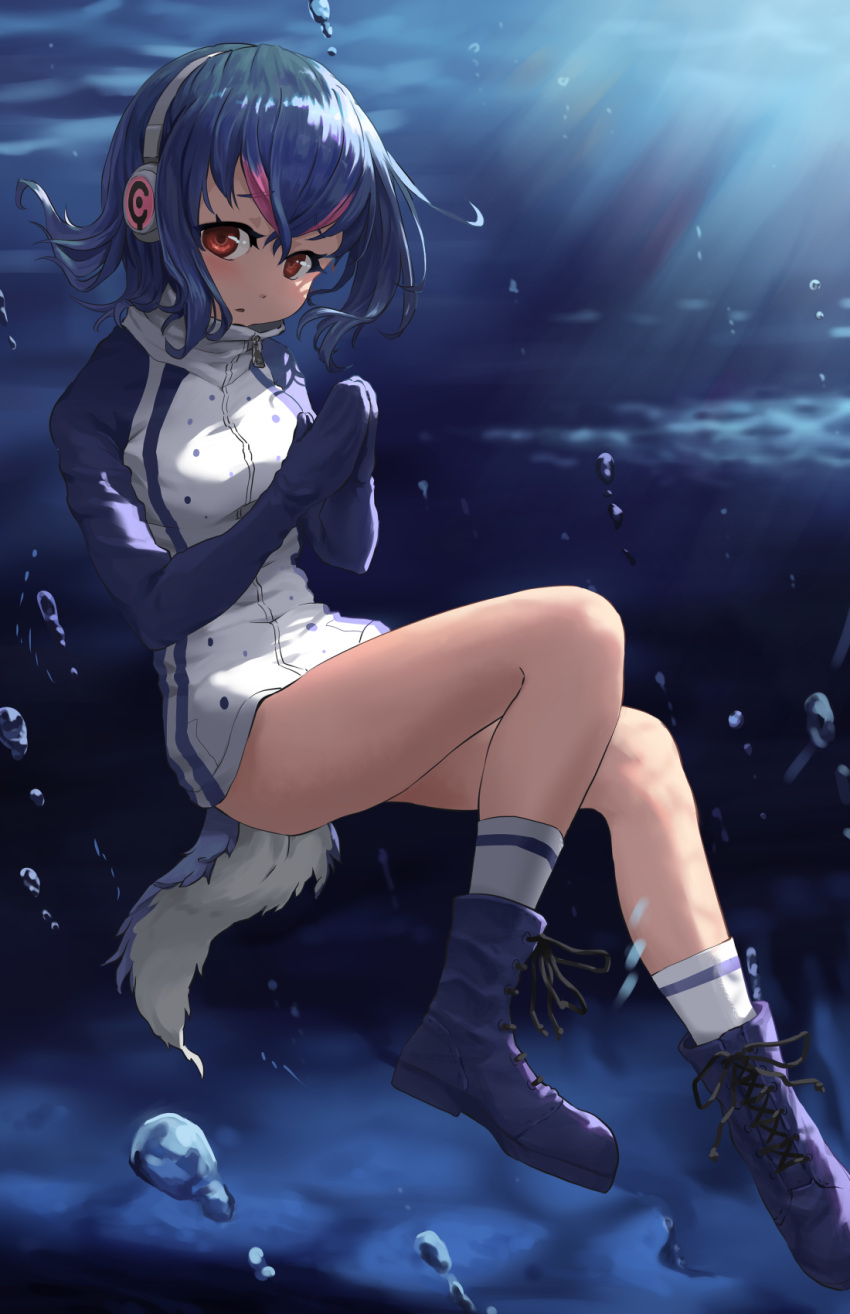 1girl air_bubble bangs black_hair blue_footwear blue_hair boots bubble commentary cross-laced_footwear hands_together headphones highres humboldt_penguin_(kemono_friends) jacket kemono_friends lace-up_boots light_frown long_sleeves looking_at_viewer melaton multicolored_hair no_pants parted_lips penguin_tail red_eyes short_hair single_horizontal_stripe socks solo swimsuit swimsuit_under_clothes tail underwater white_jacket white_legwear zipper