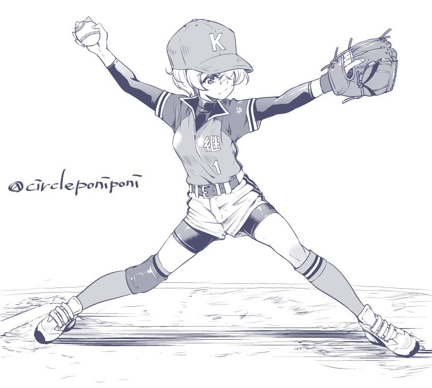 1girl absurdres arm_up ball bangs baseball_cap baseball_mitt belt bike_shorts bike_shorts_under_shorts closed_mouth commentary_request emblem frown girls_und_panzer greyscale hat highres holding holding_ball inoue_yoshihisa knee_pads long_sleeves looking_to_the_side monochrome partial_commentary pitcher pitching shirt shoes short_hair short_over_long_sleeves short_sleeves shorts socks softball softball_uniform solo sportswear standing twitter_username youko_(girls_und_panzer)