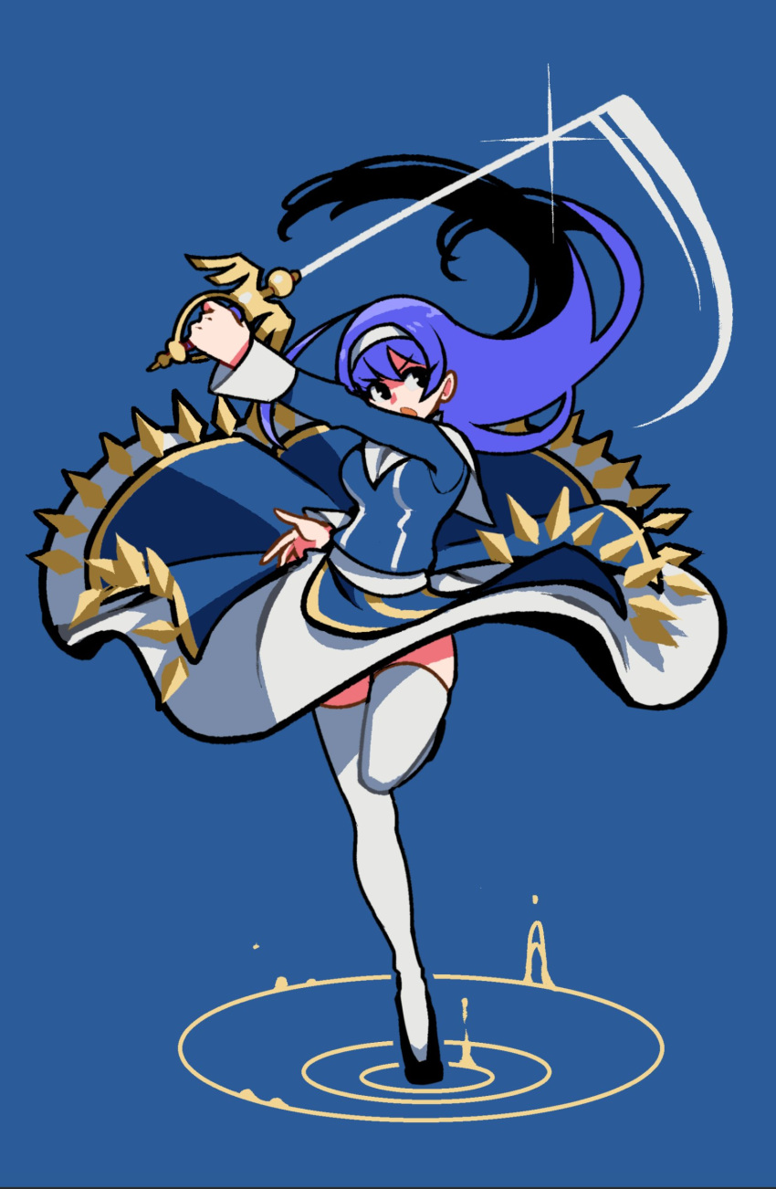 1girl absurdres akairiot bangs blue_background dress floating_hair glint grey_hairband hairband highres holding holding_sword holding_weapon leg_up long_hair long_sleeves open_mouth orie_(under_night_in-birth) purple_hair simple_background solo sword thigh-highs under_night_in-birth weapon white_legwear