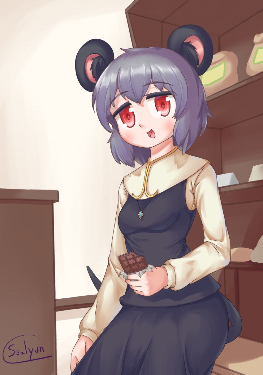 1girl absurdres animal_ear_fluff animal_ears bangs blush breasts candy capelet chocolate chocolate_bar commentary_request cookie_(touhou) cowboy_shot crystal eyebrows_visible_through_hair food grey_hair grey_skirt grey_vest highres holding holding_food indoors jewelry layered_clothing long_sleeves looking_at_viewer mouse_ears mouse_girl mouse_tail nazrin nyon_(cookie) open_mouth pendant red_eyes shelf shirt short_hair signature skirt skirt_set small_breasts solo ssalyun tail touhou vest white_capelet white_shirt