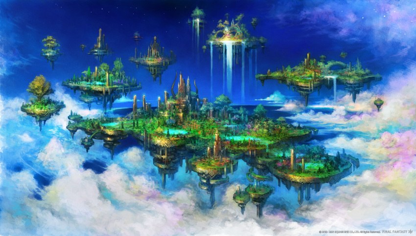 architecture building clouds copyright copyright_name day final_fantasy final_fantasy_xiv floating_island highres huge_filesize no_humans official_art scenery sky square_enix water waterfall