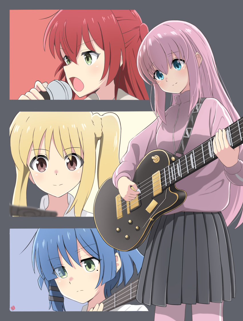 4girls absurdres bass_guitar blonde_hair blue_eyes blue_hair bocchi_the_rock! closed_mouth commentary frown gotoh_hitori green_eyes grey_skirt guitar hair_ornament highres holding holding_instrument holding_microphone holding_plectrum ijichi_nijika instrument jacket kita_ikuyo long_hair looking_at_viewer looking_to_the_side microphone mole mole_under_eye multiple_girls music nao_suke open_mouth pants pants_under_skirt pink_hair pink_jacket pink_pants playing_instrument pleated_skirt plectrum red_eyes redhead short_hair side_ponytail singing skirt smile standing track_jacket track_pants two_side_up yamada_ryo yellow_eyes