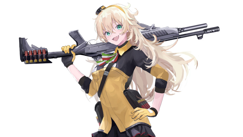 1girl :d absurdres blonde_hair fabarm_sat-8 fang girls_frontline gloves green_eyes gun hair_between_eyes hairband hand_on_hip highres long_hair looking_at_viewer messy_hair open_mouth s.a.t.8_(girls_frontline) shotgun shotgun_shells smile solo tepqei weapon white_background