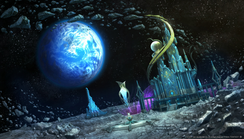 building copyright copyright_name final_fantasy final_fantasy_xiv highres moon no_humans official_art planet scenery sky square_enix star_(sky) starry_sky