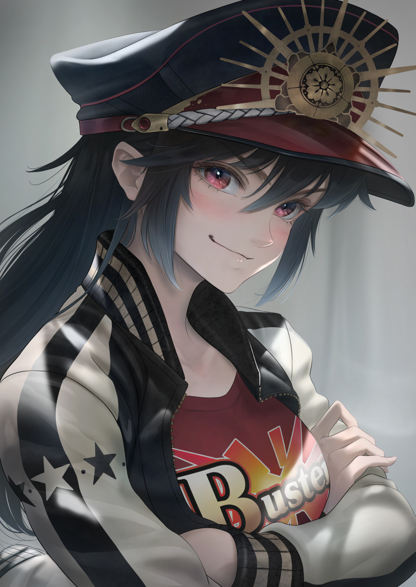 1girl bangs black_hair blush breasts buster_shirt family_crest fate/grand_order fate_(series) hat highres imizu_(nitro_unknown) jacket letterman_jacket long_hair long_sleeves looking_at_viewer medium_breasts oda_nobunaga_(fate)_(all) oda_nobunaga_(swimsuit_berserker)_(fate) oda_uri peaked_cap red_eyes red_shirt shirt smile