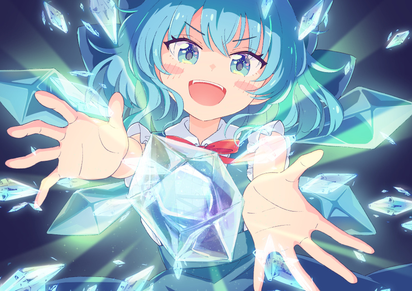 1girl :d absurdres blue_bow blue_dress blue_eyes blue_hair blush_stickers bow cirno commentary_request dress foreshortening grey_background haruki_reimari highres ice ice_crystal ice_wings light_rays looking_at_viewer open_mouth red_neckwear short_hair simple_background smile solo touhou upper_body wings