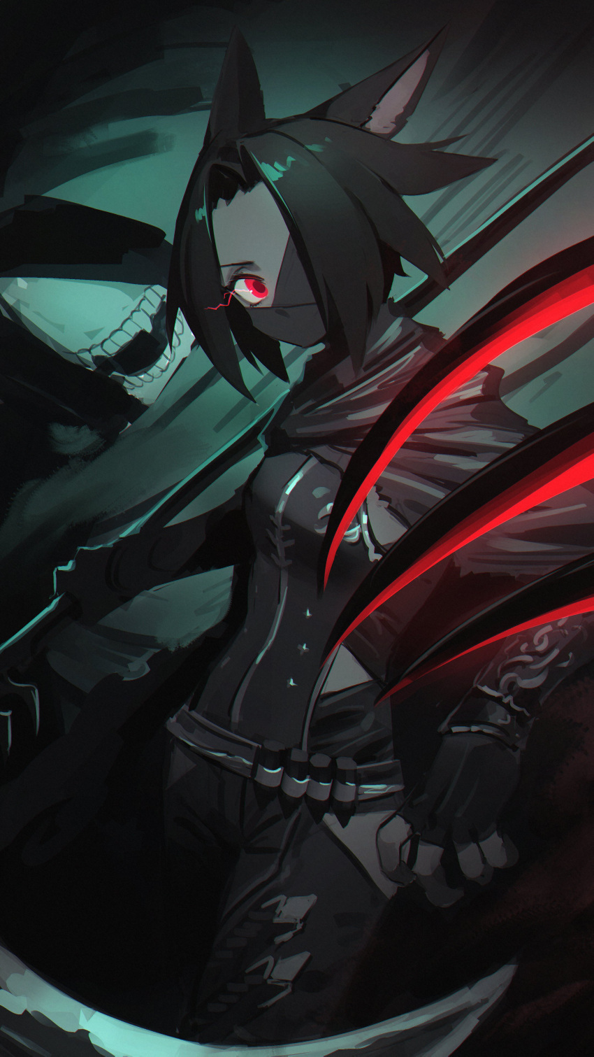 1girl absurdres animal_ears black_hair cat_ears claws cloak dark_background eyepatch fangs final_fantasy final_fantasy_xiv fingerless_gloves ghost gloves highres hood looking_at_viewer mask miqo'te monster mouth_mask open_mouth reaper_(final_fantasy) red_eyes scythe short_hair tostantan