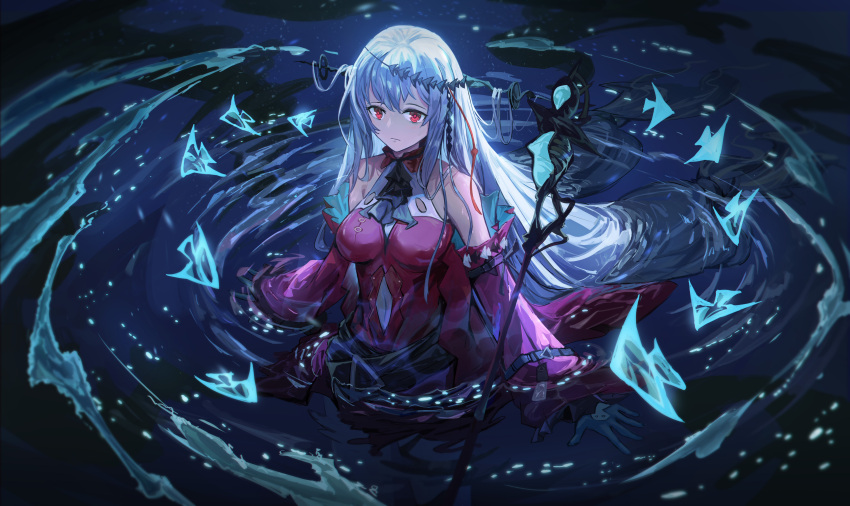 1girl absurdres aqua_gloves arknights ascot bangs bare_shoulders black_neckwear breasts closed_mouth clothing_cutout cowboy_shot detached_sleeves dress fish gloves headgear highres long_hair long_sleeves looking_at_viewer navel navel_cutout no_hat no_headwear partially_submerged red_dress red_eyes short_dress silver_hair skadi_(arknights) skadi_the_corrupting_heart_(arknights) small_breasts solo staff standing thighs very_long_hair wading water xiaomai_yorik