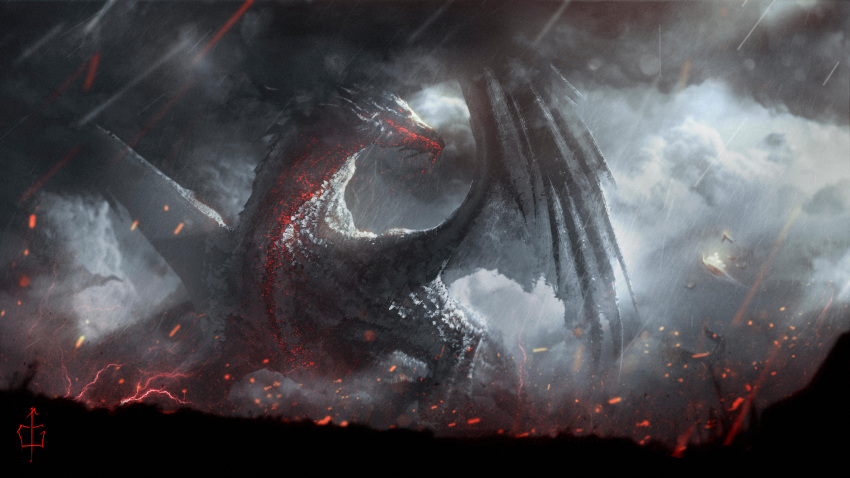 absurdres ancalagon ckgoksoy clouds cloudy_sky commentary dragon english_commentary giant giant_monster highres monster no_humans red_theme signature silmarillion sky