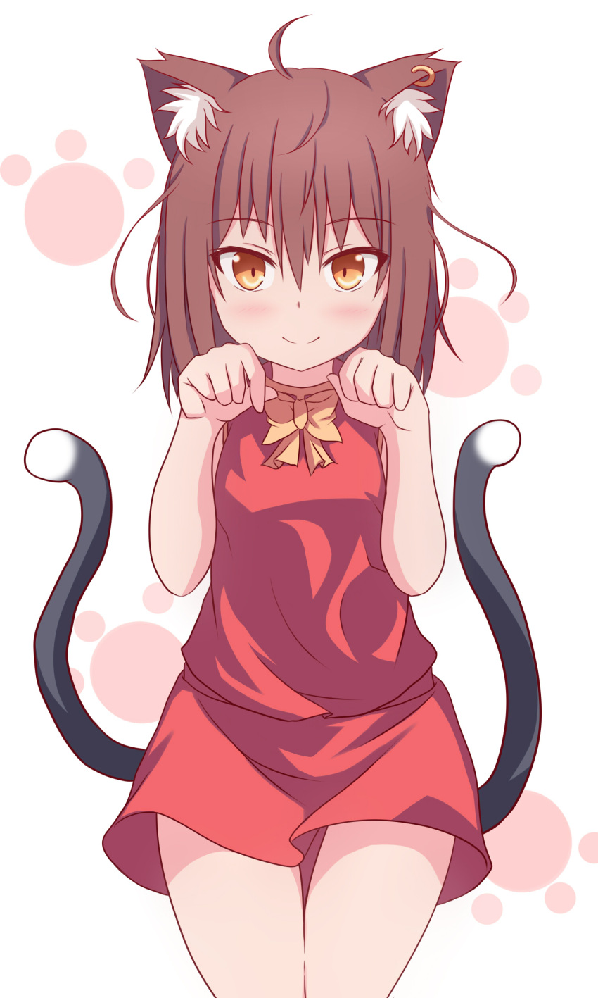 1girl absurdres ahoge animal_ear_fluff animal_ears blush bow bowtie breasts brown_eyes brown_hair cat_ears cat_tail chen cowboy_shot dress eyebrows_visible_through_hair furagu hands_up highres looking_at_viewer medium_hair multiple_tails nekomata no_hat no_headwear paw_pose red_dress simple_background small_breasts smile solo tail touhou two_tails white_background yellow_neckwear