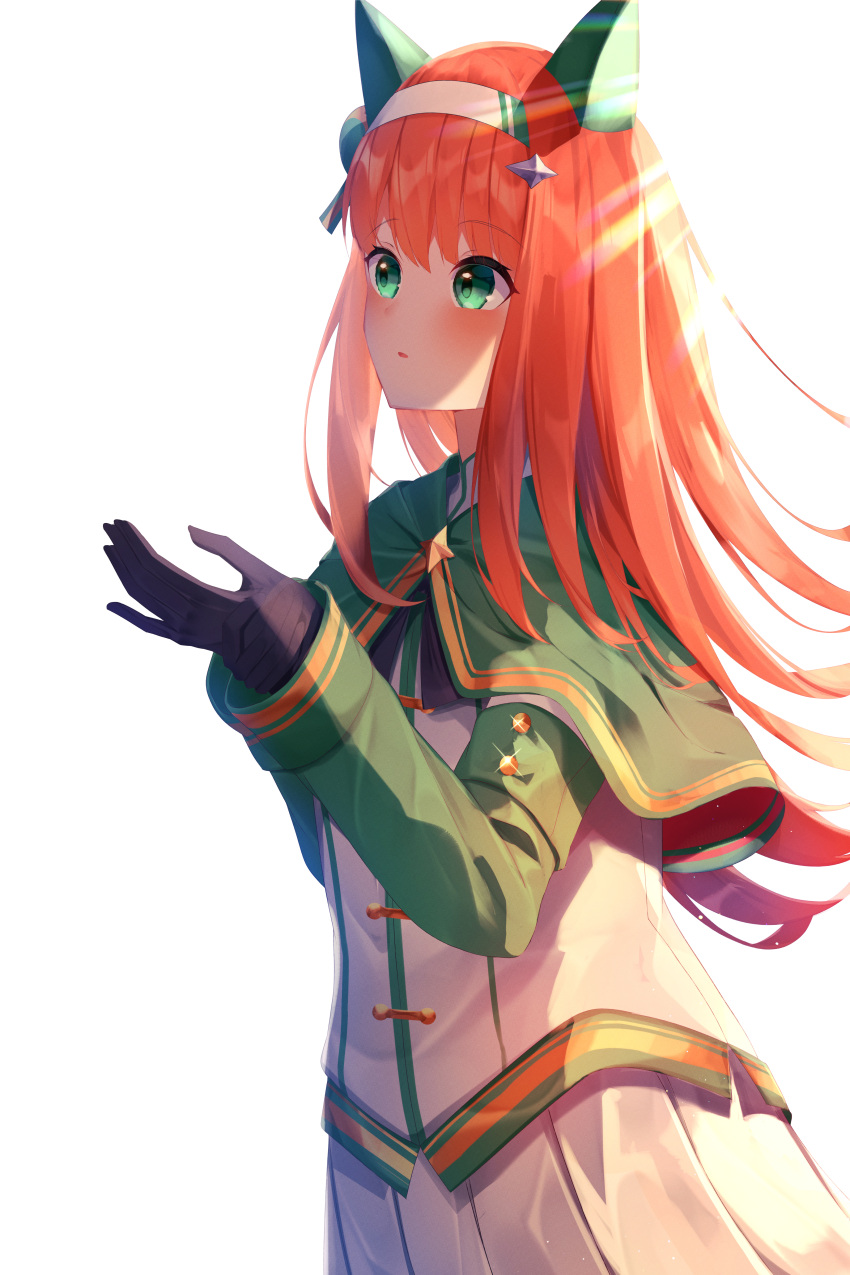 1girl absurdres animal_ears bangs black_gloves blush commentary_request eyebrows_visible_through_hair gloves green_capelet green_eyes hairband hand_up highres horse_ears jacket long_hair long_sleeves looking_away orange_hair parted_lips pleated_skirt silence_suzuka_(umamusume) simple_background skirt sleeves_past_wrists solo suisen-21 umamusume very_long_hair white_background white_hairband white_jacket white_skirt