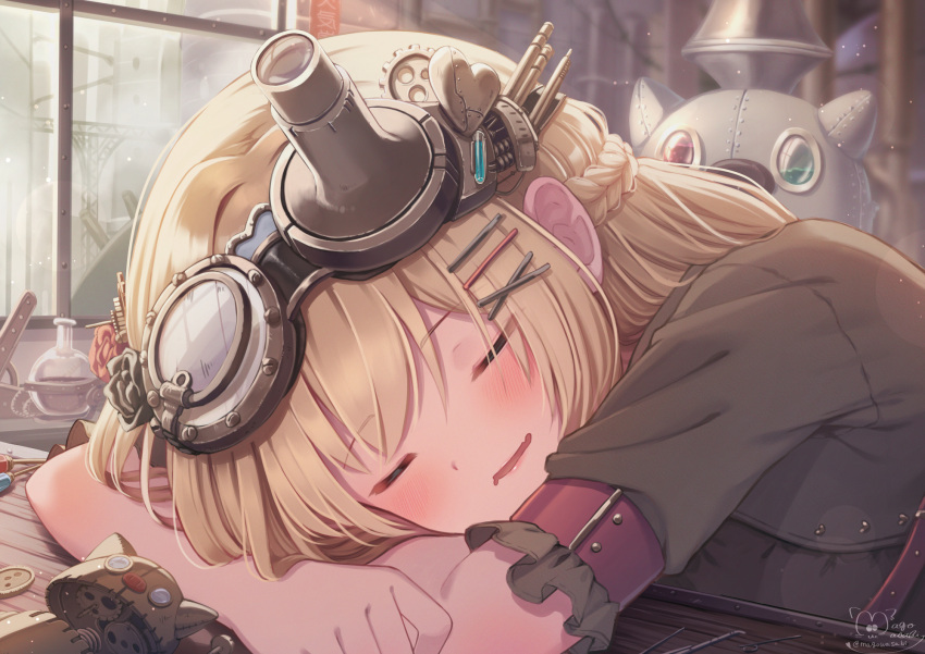 1girl akai_haato bangs blonde_hair blurry blurry_background braid brown_shirt closed_eyes commentary_request eyebrows_visible_through_hair eyes_visible_through_hair flask flower gears goggles goggles_on_head haaton_(akai_haato) hair_flower hair_ornament hairclip head_rest heart highres hololive indoors long_hair magowasabi parted_lips robot shirt short_sleeves signature sleeping solo steampunk twitter_username upper_body virtual_youtuber window x_hair_ornament