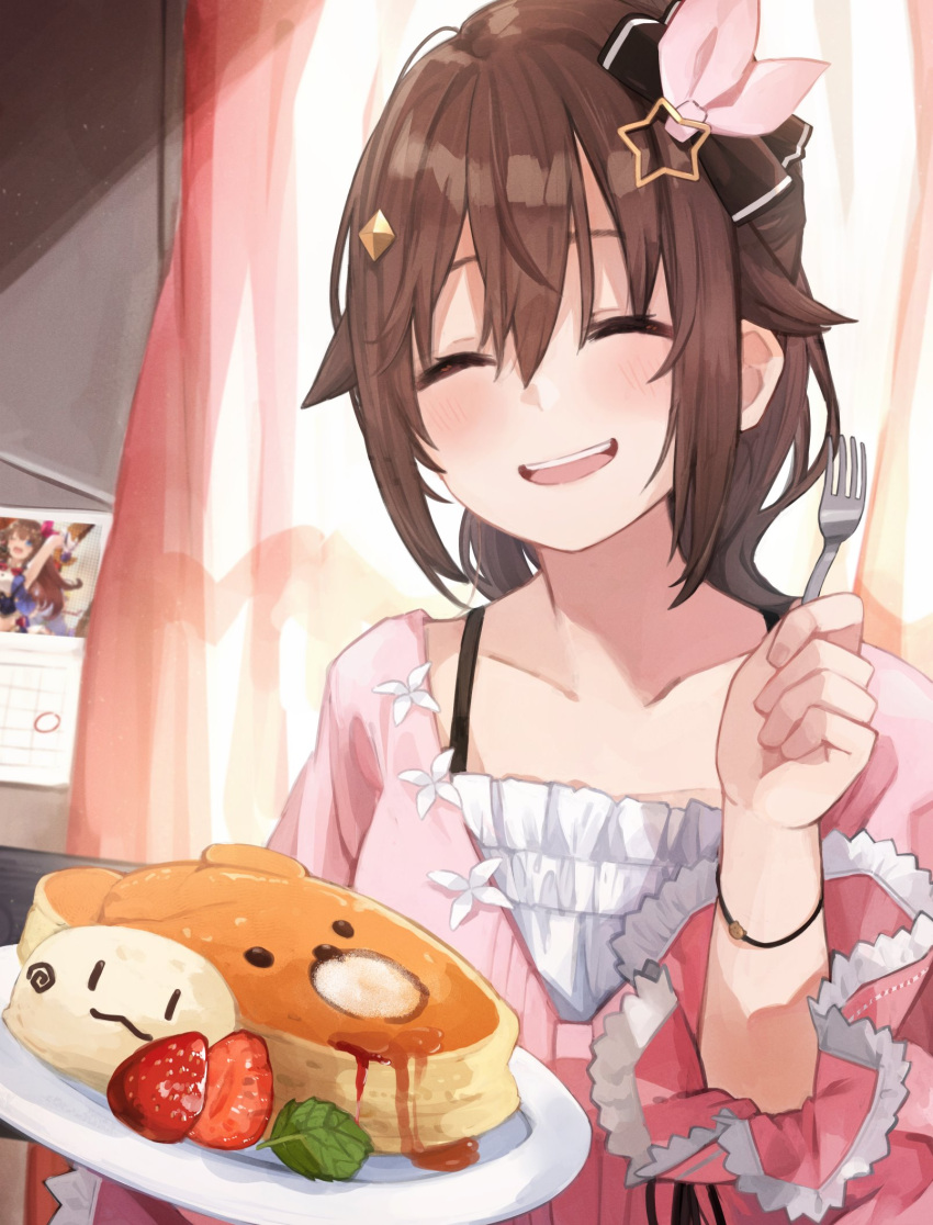 1girl ankimo_(tokino_sora) black_ribbon blush bra_strap brown_hair calendar_(object) cardigan closed_eyes collarbone commentary curtains day food fork frilled_sleeves frills fruit hair_between_eyes hair_ornament hair_ribbon highres holding holding_fork holding_plate hololive indoors kase_(kurimuzone_oruta) looking_at_viewer medium_hair official_alternate_costume open_mouth pancake pink_cardigan pink_ribbon plate ponytail ribbon smile solo star_(symbol) star_hair_ornament strawberry sunlight symbol_commentary tokino_sora upper_body virtual_youtuber window wristband