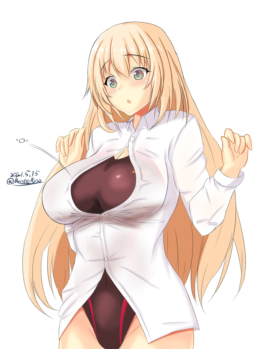 1girl atago_(kancolle) black_swimsuit blonde_hair breasts bursting_breasts competition_swimsuit cowboy_shot dress_shirt green_eyes highleg highleg_swimsuit highres kantai_collection large_breasts long_hair montemasa one-hour_drawing_challenge one-piece_swimsuit popped_button shirt simple_background solo swimsuit swimsuit_under_clothes white_background white_shirt