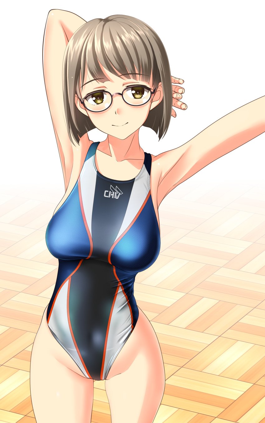 1girl absurdres arms_up breasts brown_eyes clothes_writing commentary_request competition_swimsuit covered_navel cowboy_shot glasses highres light_brown_hair looking_at_viewer medium_breasts multicolored multicolored_clothes multicolored_swimsuit one-piece_swimsuit original smile solo swimsuit takafumi tile_floor tiles