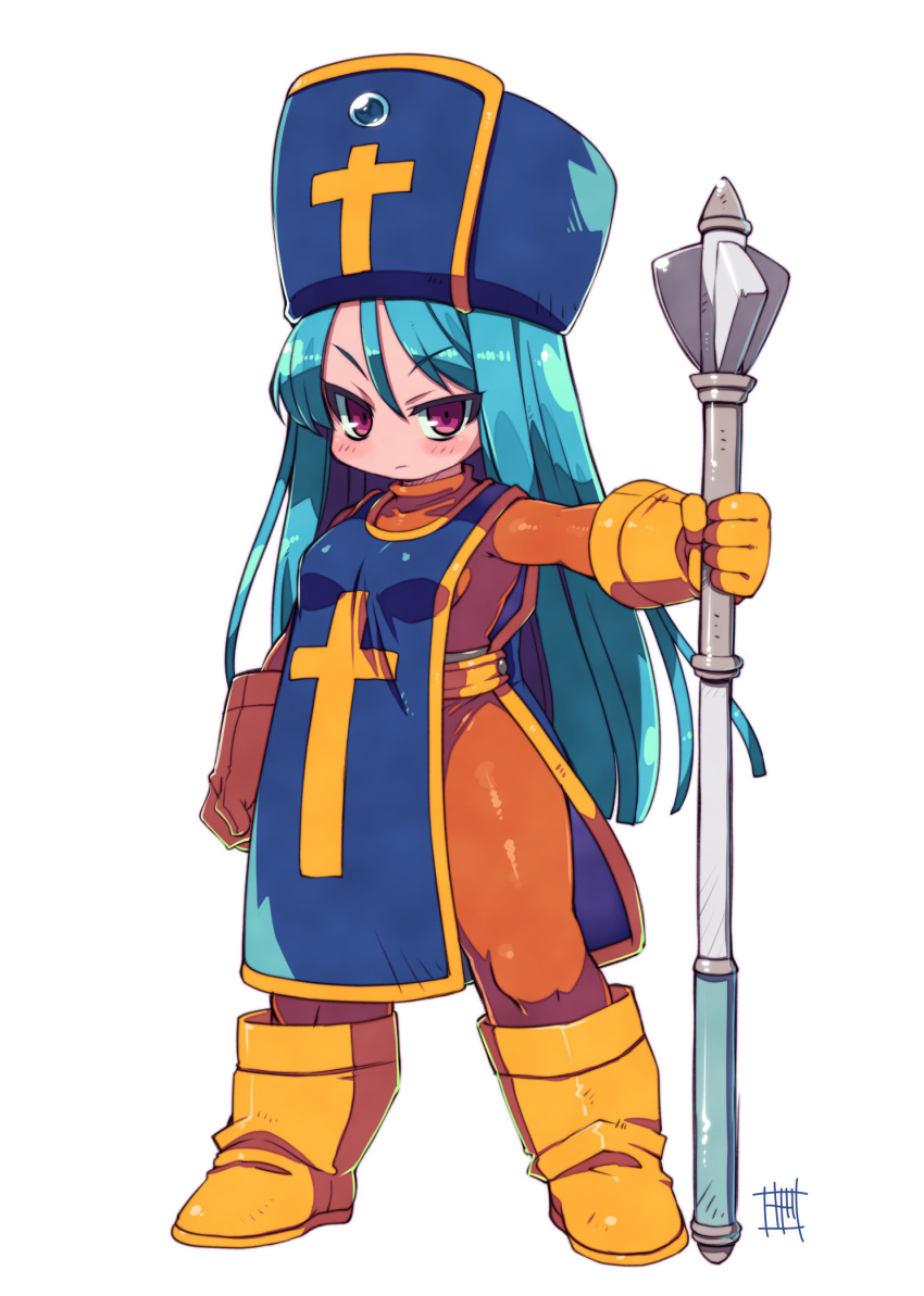 1girl aqua_hair blue_headwear blue_tabard bodysuit boots commentary_request dragon_quest dragon_quest_iii eyebrows_visible_through_hair full_body highres holding holding_staff long_hair looking_at_viewer mitre orange_bodysuit priest_(dq3) red_eyes simple_background solo staff standing tabard white_background yellow_footwear zankuro