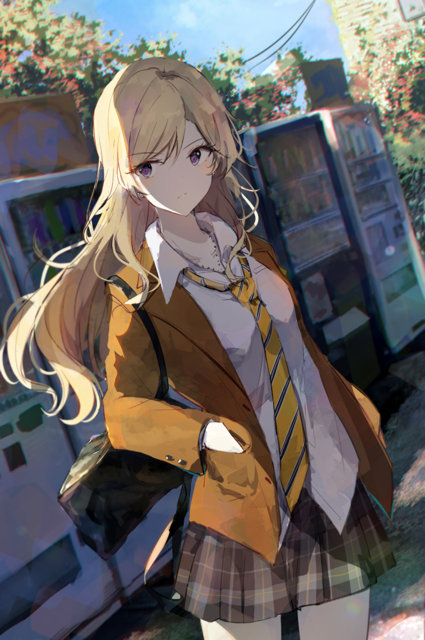 1girl bag blazer blonde_hair blurry blurry_background brown_jacket building character_request closed_mouth collarbone collared_shirt commentary_request cowboy_shot day dress_shirt dutch_angle earrings frown genjitsu_de_lovecome_dekinaito_dare_ga_kimeta hands_in_pockets highres jacket jewelry long_hair long_sleeves looking_at_viewer necklace necktie open_collar outdoors plaid plaid_skirt pleated_skirt power_lines school_bag school_uniform shiina_kuro shirt shoulder_bag skirt solo standing striped striped_neckwear stud_earrings tree untucked_shirt vending_machine violet_eyes white_shirt yellow_neckwear