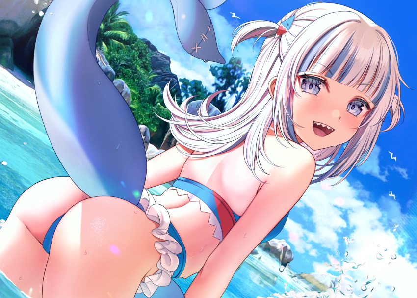 1girl :d aqua_hair ass bangs beach bikini blue_hair blunt_bangs dutch_angle fish_tail gawr_gura hair_ornament highres hololive hololive_english long_hair multicolored_hair open_mouth outdoors partially_submerged repost_notice saruei shark_tail sharp_teeth smile solo swimsuit swimwear tail teeth two-tone_hair virtual_youtuber water