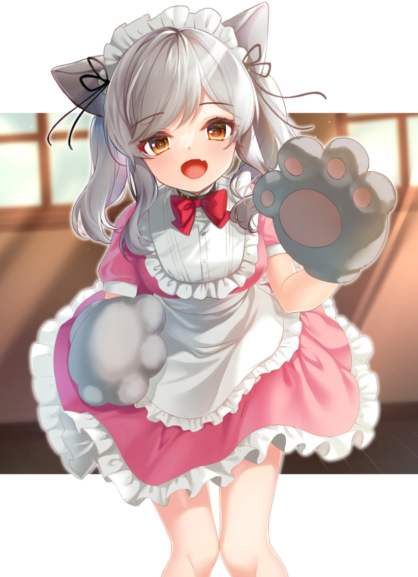 1girl :d animal_ears apron bow brown_eyes cat_ears commentary_request dress fang feet_out_of_frame frilled_apron frilled_dress frills gloves grey_gloves grey_hair highres knees_together_feet_apart looking_at_viewer maid maid_headdress open_mouth original paw_gloves paws pink_dress puffy_short_sleeves puffy_sleeves red_bow rukinya_(nyanko_mogumogu) short_sleeves smile solo twintails waist_apron white_apron